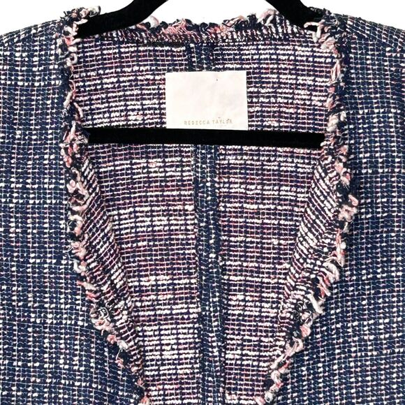 Rebecca Taylor Tweed Open Front Blazer Frayed Trim Navy w/ Pink & White Small - Picture 7 of 11